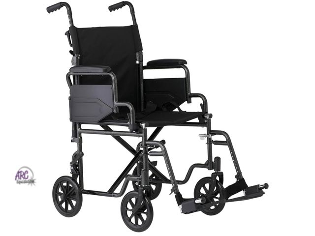 Lot 56-258549 - Medline Carbon Steel Folding Transport Chair with Swing-Back Arms, Swing-Away Foot Rests, Portable M...