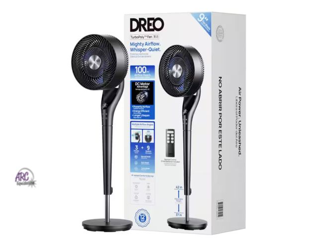 Lot 56-131661 - New Tested &amp; Works TurboPoly Fan 9 in. 9-Fan Speeds Pedestal Fan in Black with Exclusive Blue Bl...