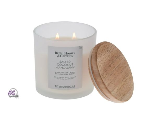 Lot 56-265425 - NEW Better Homes and Gardens Salted Coconut Mahogany Scented 2-Wick Frosted Jar Candle 12oz.