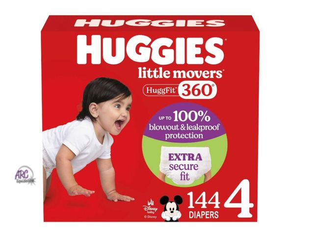 Lot 56-113324 - New Huggies Little Movers HuggFit 360° Baby Diapers with 360° Waistband, Size 4 (22-37 lbs), 144 Cou...