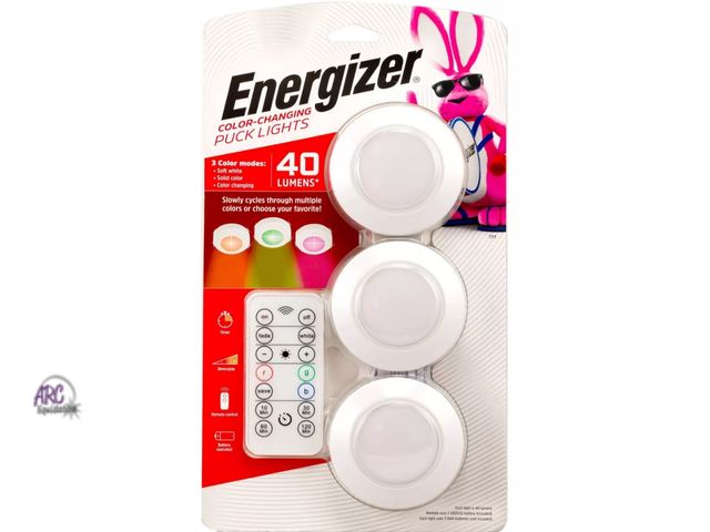 Lot 56-473312 - NEW-Energizer 3pk 40 Lumen LED Puck Light Wireless Color Changing Cabinet Lights with Remote White: ...