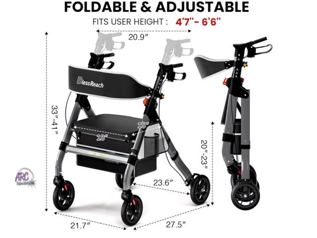 Lot 56-660640 - New - Foldable Rollator Walkers with Seat for Seniors, 450 lb Capacity, 8'' Wheels, 18" Big Seat, 6-...