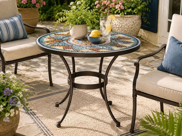 Lot 56-791565 - New 28 in. Metal and Glass Mosaic Patio Bistro Table