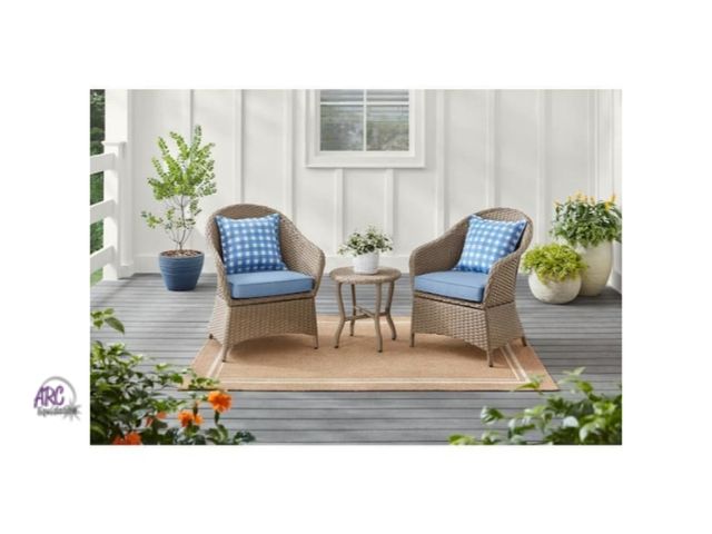 Lot 56-771151 - New in box. Mayberry 3-Piece Metal Outdoor Bistro Set with Lake Cushions. Retail $299