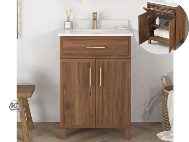 Lot 56-784864 - New in box. Retail $429. Bilston 24 in. Single Sink Freestanding Spiced Walnut Bath Vanity with Whit...