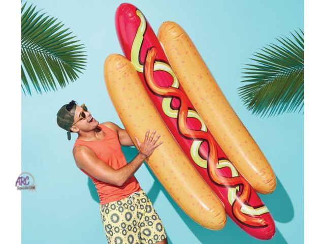 Lot 56-214717 - NEW IN BOX 7ft Food Float Hotdog - Sun Squad Inflatable Pool Float, PVC 82”Lx22”W