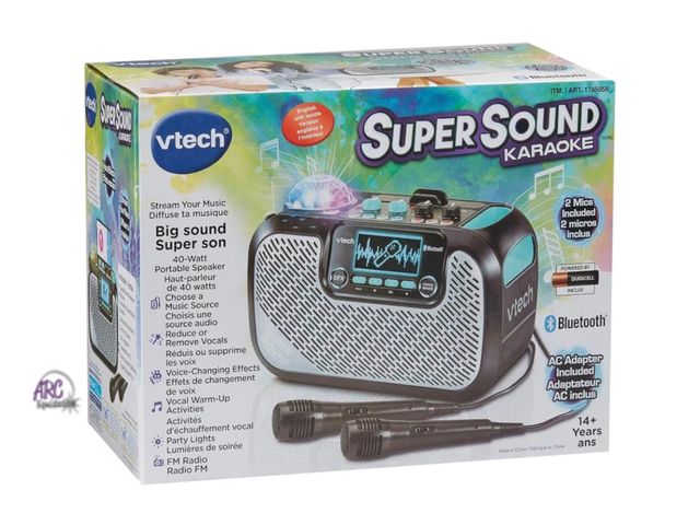 Lot 56-661140 - New Tested and works - VTech Super Sound Karaoke Portable Bluetooth, 2 Mics Included, Party Lights