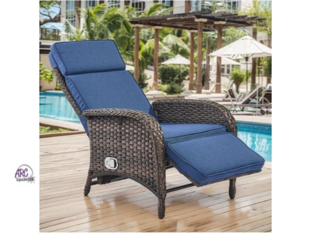 Lot 56-773752 - New assembled Brown 1-Piece Wicker Outdoor Recliner with Olefin Blue Cushions and Flat Armrests Pati...