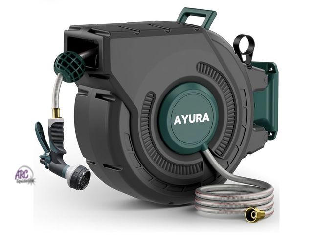 Lot 56-264150 - New in the box AYURA Retractable Garden Hose Reel 100 ft x 1/2 inch with Pro Metal Shaft, Heavy Duty...