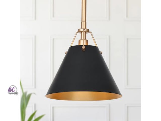 Lot 56-270298 - NEW Uolfin 1 -Light Black and Gold in Cone Metal Shade Industrial Bell Mini Hanging Pendant light