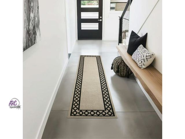 Lot 56-263724 - NEW Jean Pierre Washable Skid-Resistant Runner Rug, Trellis Border , Natural Twist and Black , 30" x...