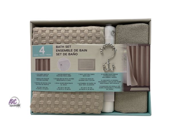 Lot 56-164714 - New 4 Piece Bath Set includes (1 Textured Waffle Shower Curtain, 1 Water Resistant Frosted Peva Line...