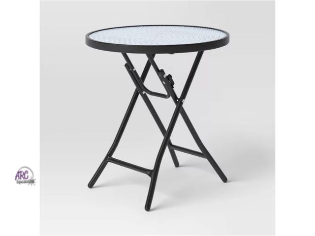 Lot 56-517826 - NEW-SOME PAINT SCUFFS-Glass Round Printed Folding Outdoor Portable Side Table Blue/White/Black - Roo...