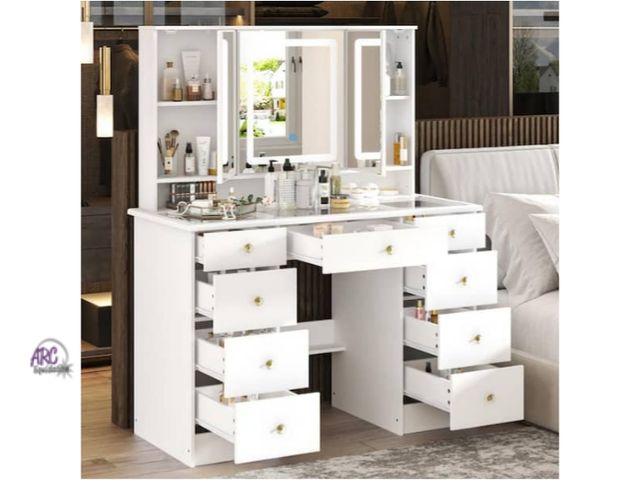 Lot 56-737548 - New in box. White Makeup Vanity Desk 9 Drawers Wood Dressing Table With 3 Mirrors, Glass Top, Hidden...