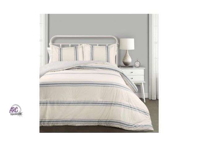 Lot 56-187518 - New Lush Decor Farmhouse Stripe Reversible Cotton Comforter Set, 3 Piece Set, Full/ Queen, Blue - Co...