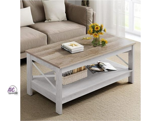 Lot 56-761851 - New in box. Dextrus Farmhouse Coffee Table 2-Tier Wood Center Table with Storage Shelf for Living Ro...