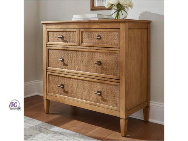 Lot 56-763461 - New in box. Retail $589. Marsden Mid-Century Modern Patina Wood Finish 3-Drawer Rattan Cane Chest of...
