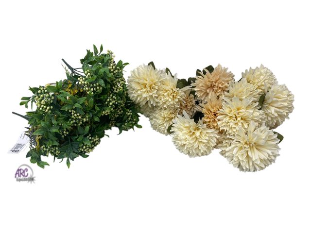 Lot 56-612424 - Lot of 6 faux flower bouquets. 3 Mainstays Indoor 18-inch  Artificial Mum Bush in Soft Cream. 3 12-i...