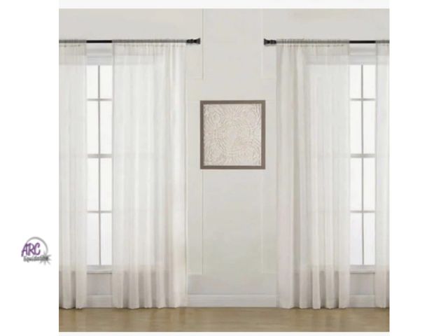 Lot 56-330851 - New in package Taylor &amp; Moxie Venezia Sheer Window Curtains, 52”x84” Each, Linen color, 4-pack