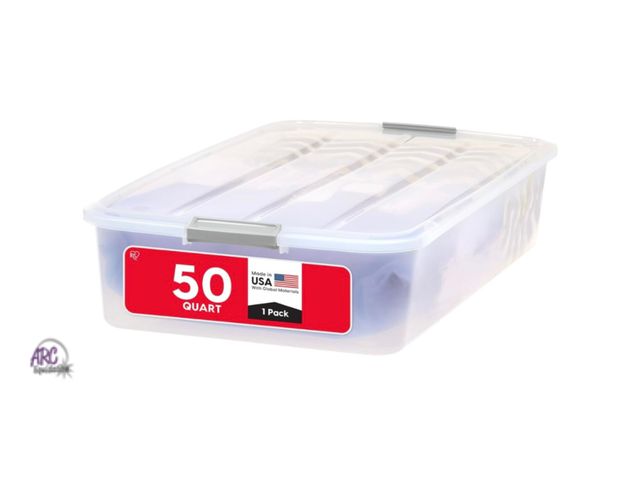 Lot 56-189818 - New IRIS USA 50 Qt Plastic Under Bed Storage Organizer Bins with Secure Lids, Multi-Purpose, (Clear)