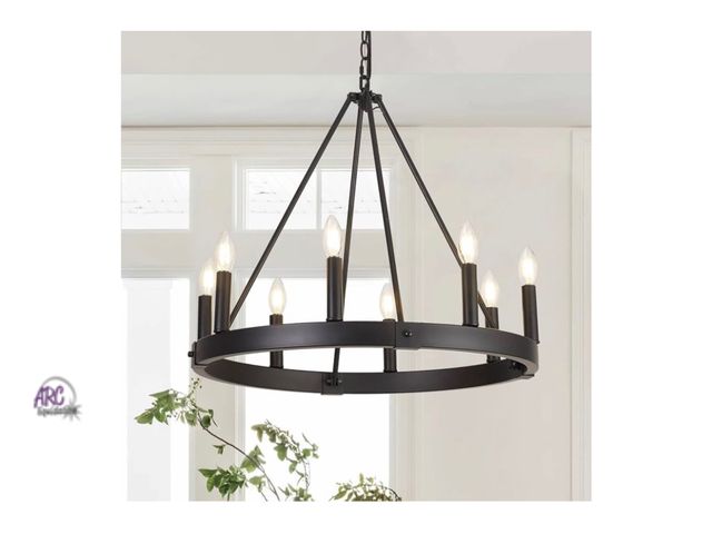 Lot 56-268150 - New in box 8 Lights Farmhouse Wagon Wheel Chandelier, D24" Black Round Chandeliers for Dining Room, ...