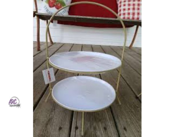 Lot 56-347823 - New TIERED TRAY with REMOVABLE Plates Dessert Cater Gold/white