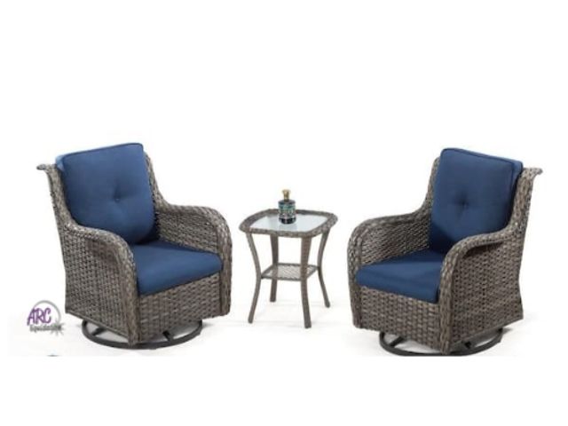 Lot 56-799142 - New in box. 3 Piece Wicker Patio Conversation Set with All-Weather Swivel Rocking Chairs Blue Cushio...