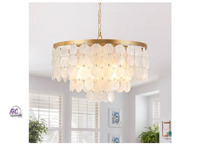 Lot 56-159551 - New in Box Shell Chandelier, White and Gold Chandelier Light Fixture with 4 Lights Capiz Seashell Pe...