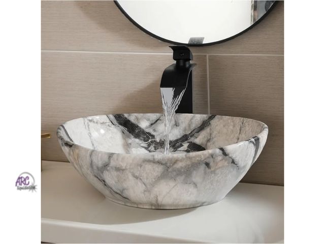 Lot 56-758251 - New in box. Oval Vessel Sink 16"x13" kit with faucet and drain Ceramic Bathroom Sink with Waterfall ...