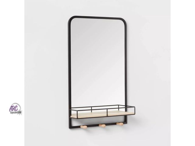 Lot 56-466811 - NEW- SOME SCUFFS ON MIRROR- BRIGHTROOM- wood hook rack with mirror-26in H x 16in W x 4in D