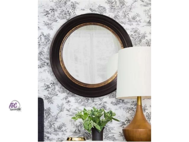 Lot 56-738218 - New Howard Elliott 25" Rex Convex Accent Wall Mirror Brown: Modern Grooved Edge, Polyurethane Frame,...