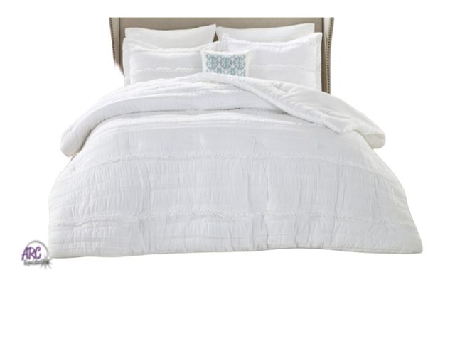 Lot 56-597823 - NEW-Madison Park  5 Piece Microfiber Ruffled Comforter Set-queen size white