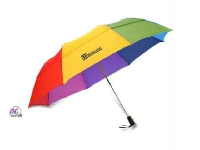 Lot 56-169314 - New Totes Recycled Canopy Vented One-Touch Auto Open Golf Rain Umbrella with Sunguard, Rainbow