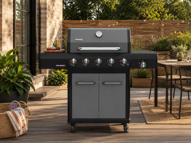Lot 56-786664 - New in box. Dent and scuff marks on lid. Retail $499. Nexgrill Gourmet Pro 5-Burner Propane Gas Gril...