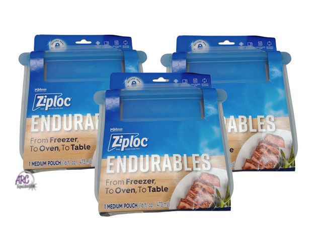 Lot 56-775011 - New 3 pack Ziploc Endurables Pouch, Medium Reusable Silicone Food Storage Bag, 16 fl oz