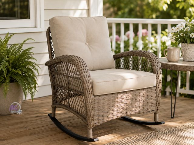 Lot 56-789965 - New in box. Wicker Patio Outdoor Rocking Chair with Beige Cushions