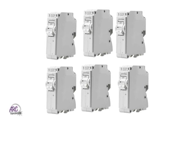 Lot 56-779164 - New . Lot of 6. Leviton Standard 1-Pole 15 Amp, 120-Volt, Thermal Magnetic Branch Circuit Breaker