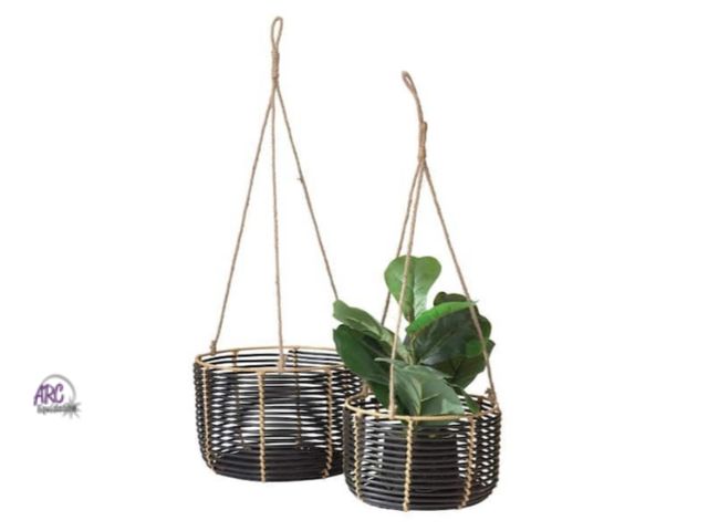 Lot 56-507465 - NEW IN BOX-12 in. W and 10 in. W Indoor Outdoor Black Resin Rattan Hanging Basket Planters, (Set of ...