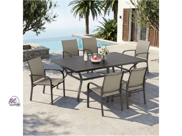 Lot 56-784264 - New in box. Retail $428. Black 7-Piece Metal Slat Rectangle Table Outdoor Patio Dining Set with Brow...
