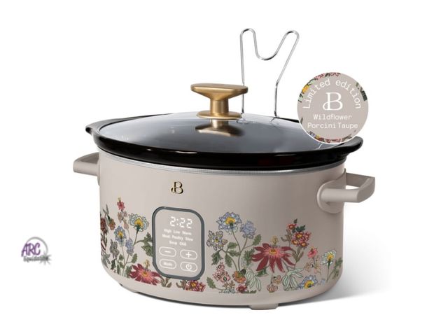 Lot 56-760951 - Used tested and works Beautiful 6 Qt Programmable Slow Cooker, Wildflower Porcini Taupe by Drew Barr...