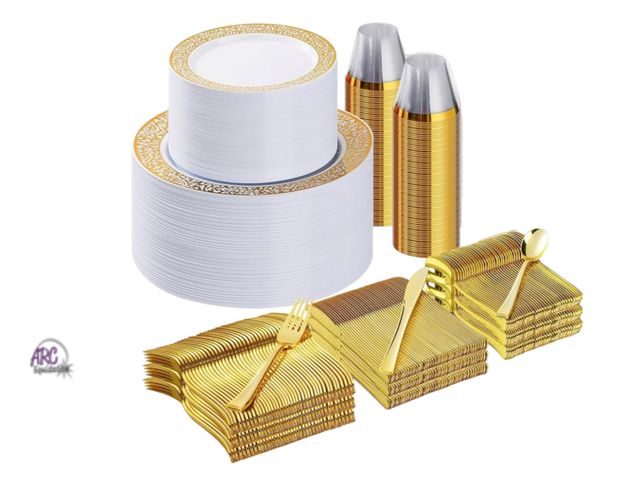 Lot 56-193940 - New 700PCS Gold Plastic Dinnerware Set for 100 Guests, Disposable Plates for Party, Include 100 Gold...