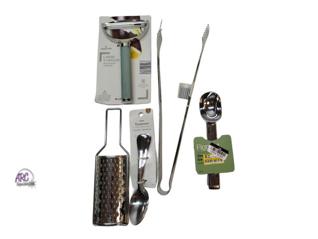 Lot 56-512834 - NEW-ASSORTED kitchen tools-ice cream scoop, Y peeler, 6 piece teaspoons, cheese grater, pasta tongs