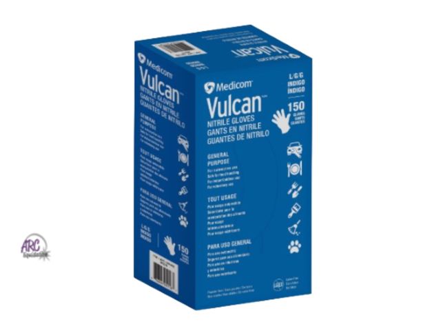 Lot 56-462361 - Open Box - 150 Count - Vulcan Nitrile Gloves, Large, Indigo