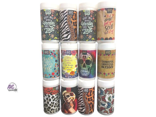 Lot 56-629250 - New lot of 12, Sanitizing wipes, 
75% Alcohol, designs may vary, fits in car cup holder