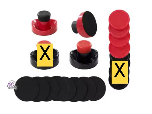 Lot 56-435659 - Open Package - Air Hockey Accessories Set - 3 Pushers (Missing 1 Black) , 4 Pucks (Missing 4 Black) ...