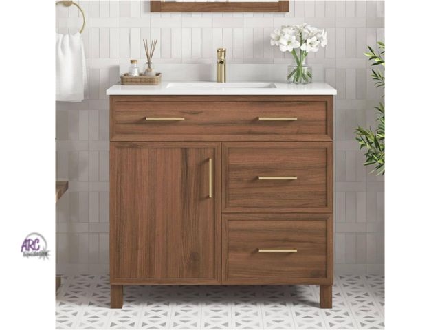 Lot 56-555542 - NEW-Bilston 36 in. Single Sink Spiced Walnut Bath Vanity with White Engineered Stone Top and backspl...