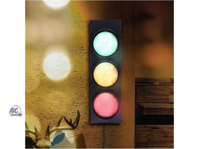 Lot 56-758650 - New in box. 3-Light Black LED Traffic Light Wall Decoration Office Fun Room Decor Wall Sconce with R...