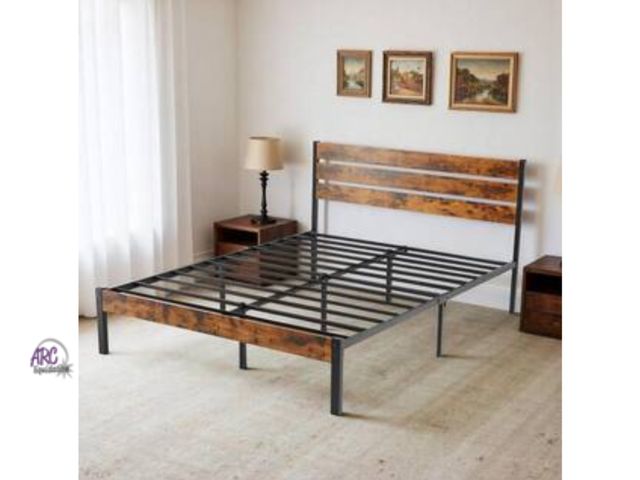 Lot 56-294652 - New Rust Brown Wood Frame Queen Size Platform Bed Frame with Headboard and Footboard, 700lbs Support