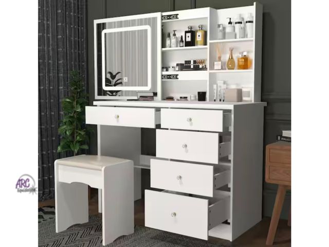 Lot 56-608860 - New Opened Box - 5-Drawers White Wood Makeup Vanity Sets Dressing Table Sets With LED Push-Pull Mirr...