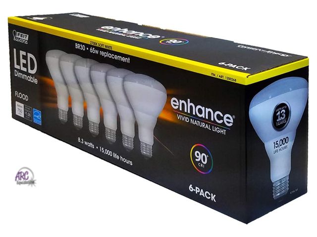 Lot 56-446260 - New Open Box - Tested &amp; Works - (6 Count) - Feit Electric Dimmable Led BR 30 Flood 65W Soft Whit...